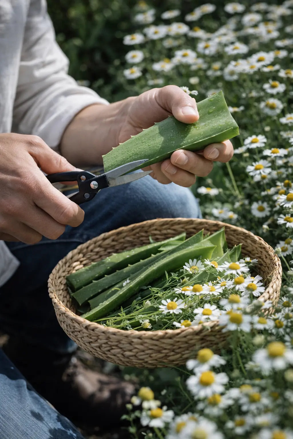 Fresh aloe vera leaves being hand-cut and harvested outdoors for natural skincare ingredients.