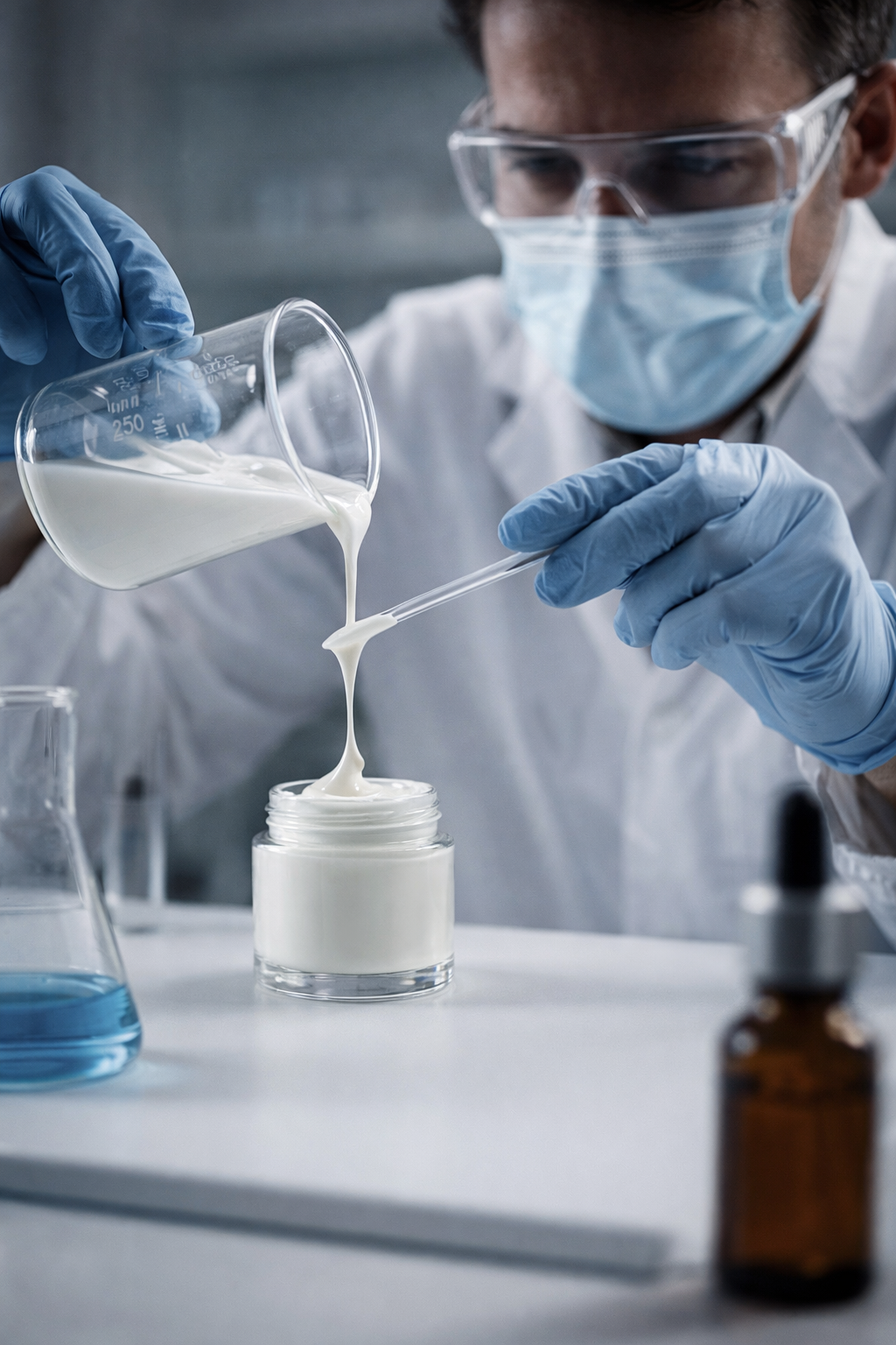 Skincare formulation being carefully prepared in a laboratory using precise scientific processes.